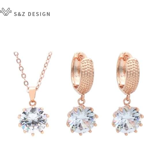 S&Z DESIGN Fashion Classic Big Cubic Zirconia Jewelry Set 585 Rose Gold Earrings Pendant necklace For Women Wedding Jewelry Gift