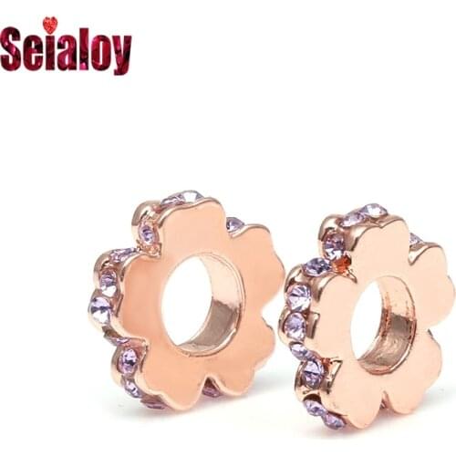 Seialoy Fashion Shiny Beaded Flower Charm Fit Womens Bracelet Necklace Original Rose Gold Charm Jewelry Accessories Beads