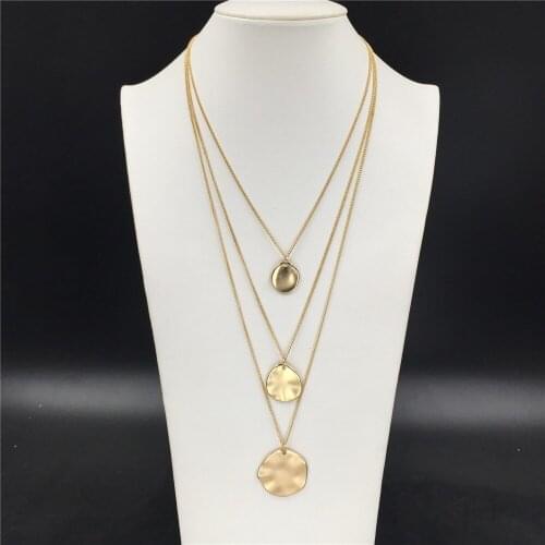 Trendy Gold Color Plating Hammered Effect Round Disc Pendant Layered Necklace For Women Bohemia Elegant High Quality Jewelry