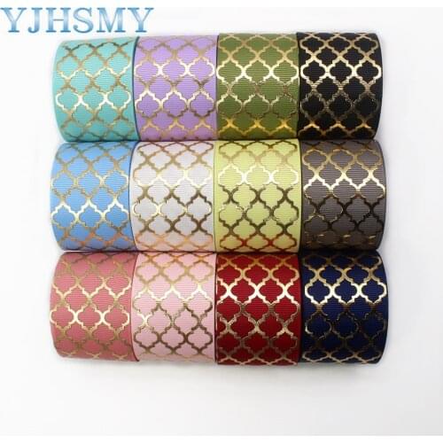 YJHSMY I-19814-1927,38mm,5yards Solid color gilding plaid heat transfer grosgrain ribbon, bow DIY accessories