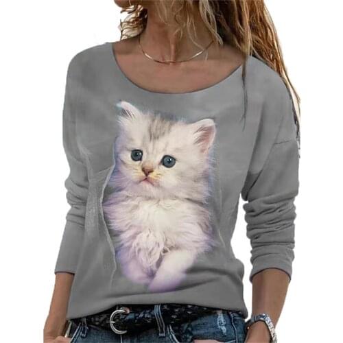 2021 New Autumn Fashion Ladies O-Neck Loose Tops Women Animal Cute Cat Print T Shirt Long Sleeve Shirt Casual Streetwear Clothes