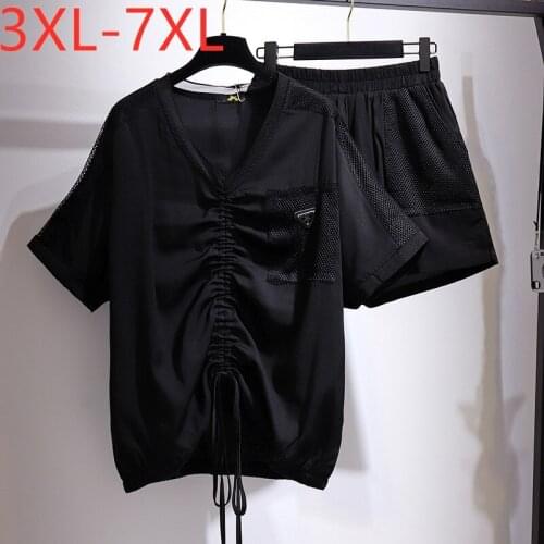 New 2021 Ladies Summer Plus Size Sunscreen Sets For Women Large Loose Black Shirt And Shorts Two Pieces Suit 3XL 4XL 5XL 6XL 7XL