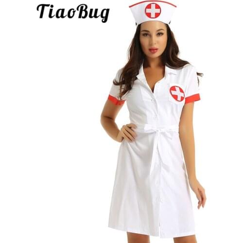 Women Hot Sexy Nurse Costume Lapel Collar Short Sleeve Button Down Uniform Fancy Dress with Belt and Hat Adults Halloween Outfit