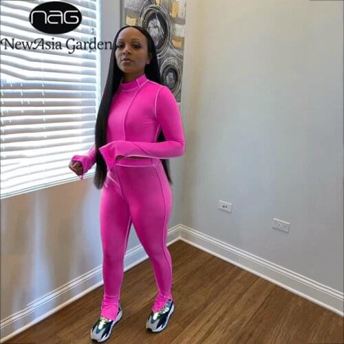 NewAsia Tracksuit 2 Piece Set Women Solid Split Crop Top Tshirt Bodycon High Waist Pants Fall Lady Long Trousers Sportswear 2020