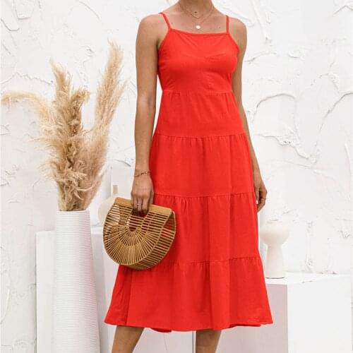 Womens 2021 Summer New Womens Sweet Temperament Fashion Casual Ladies Slim Poplin Mid-length Solid Color Suspender Dress