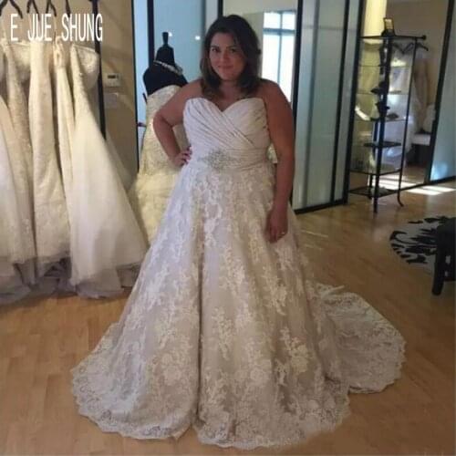 E JUE SHUNG Plus Size A Line Wedding Dresses Sweetheart Neck Ruched Beaded Sash Bridal Gowns Lace Robe De Mariee Custom Made