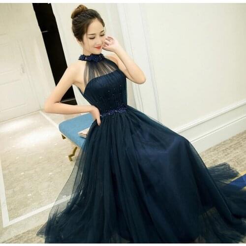 Floor Length Halter Dress Beaded Long Prom Dress Blue Champagne Sleeveless Evening Dress Appliques Lace Up Prom Dresses