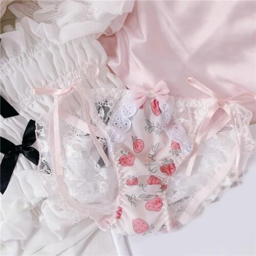 1pcs Cute Sweet Japanese Style Girls Low Waist Underpant Hollow Out Bowknot Strawberry Pattern Underwear Women Girl Gift