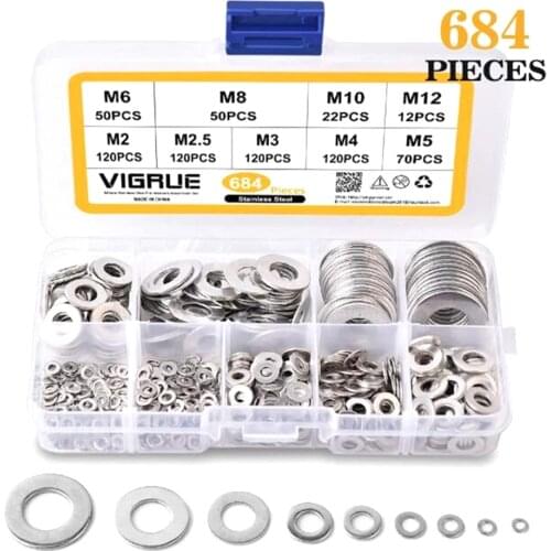 684Pcs M2 M2.5 M3 M4 M5 M6 M8 M10 M12 Stainless Steel Flat Washer Plain Gasket Rings for Screw Bolt