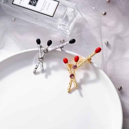 BALANBIU Unique Matchstick Brooch For Women Red&Black Enamel Delicate Crystal Coat Sweater Pins New Fashion Jewelry Wholesale