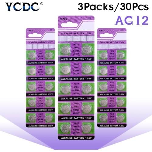 YCDC 30Pcs 1.55V Button Coin Cell Battery AG12 AG-12 LR43 V12GA GP386 SR1142 386A 1.55V AG12 RW44 Alkaline Battery Single Use