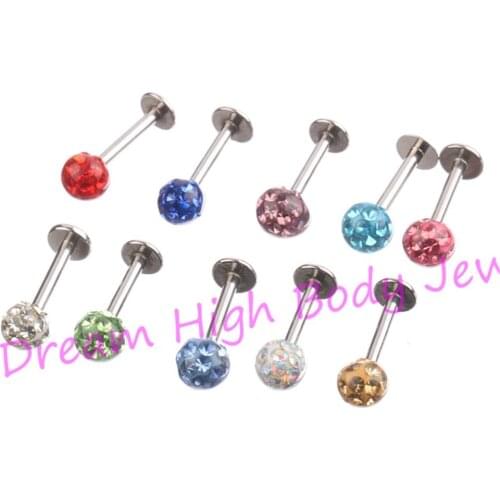 Crystal Gem Labret TragusLip Ring Stud Bar Body Piercing 4mm ball Resin16Gauge 6mm 8mm 10mm 100pcs /lot Wholesale