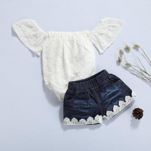 FOCUSNORM 0-24M Summer Lovely Baby Girls Clothes Sets Lace Floral Off Shoulder Short Sleeve Romper Tops Denim Tassel Shorts