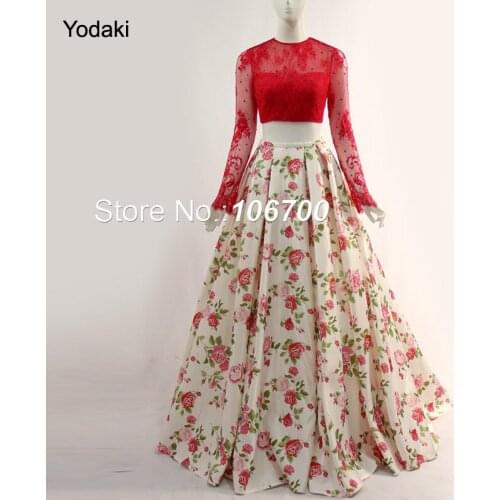 Two Pieces Lace with Rhinestone Printed Prom Dresses Long Sleeves Open Back Party Gowns Ballgown Pleat Ruched Long Evening 2018
