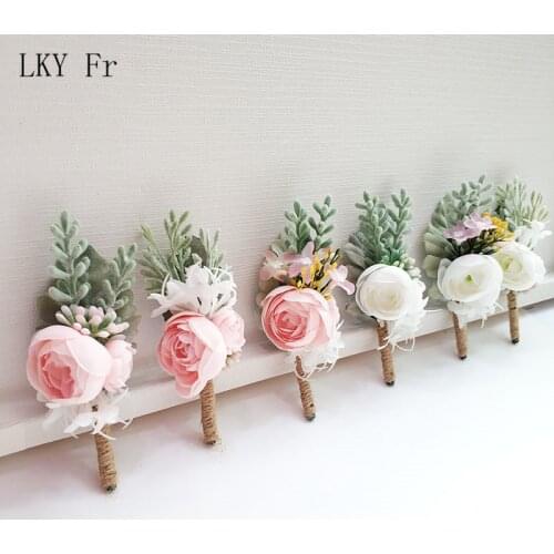 LKY Fr Boutonniere Corsage Silk Roses White Pink Wedding Corsages and Boutonnieres Buttonhole Flowers Pins Marriage Accessories