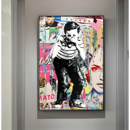Boy Taking Photos Street Art Canvas Painting Graffiti Art Posters and Prints Wall Art Pictures for Living Room Home Decoration