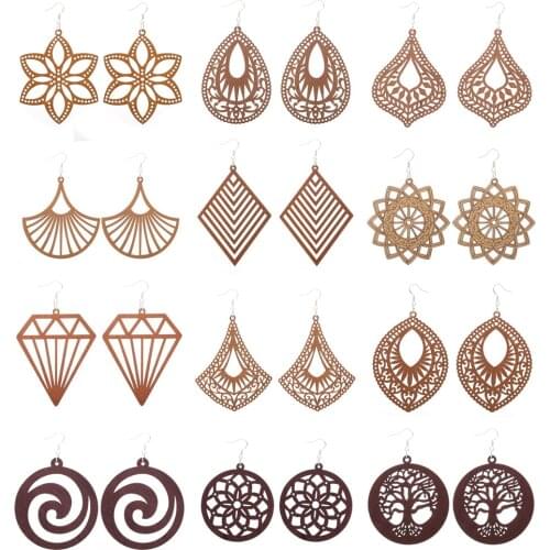 SOMESOOR Engraved African Ethnic Tribal Wooden Drop Earrings Laser Cutting Organic Brown Hollow Loops Dangle For Women Gifts