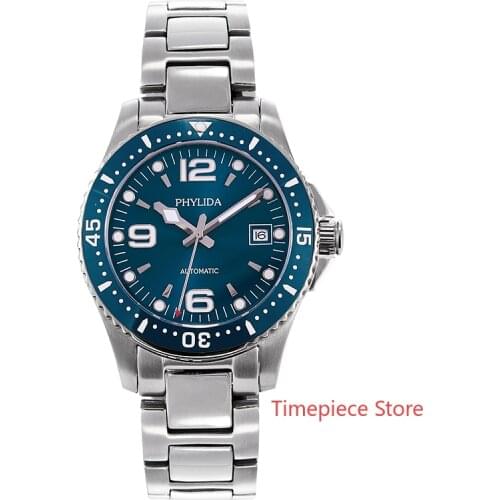 Top Brand PHYLIDA 40mm Blue/Black Mens Watch Automatic Self-Winding Mov't Wristwatch With Date Green Luminous Classic Conquest