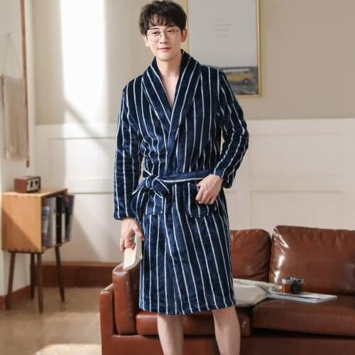 Men Winter Thicken Warm Long Flannel Bathrobe Soft Blue Striped Bath Robe Kimono Robes Dressing Gown Night Sleepwear Homewear