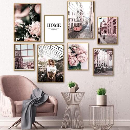 Peony Flower Girl City Street Tram Window Wall Art Canvas Painting Nordic Posters And Prints Wall Pictures For Living Room Decor