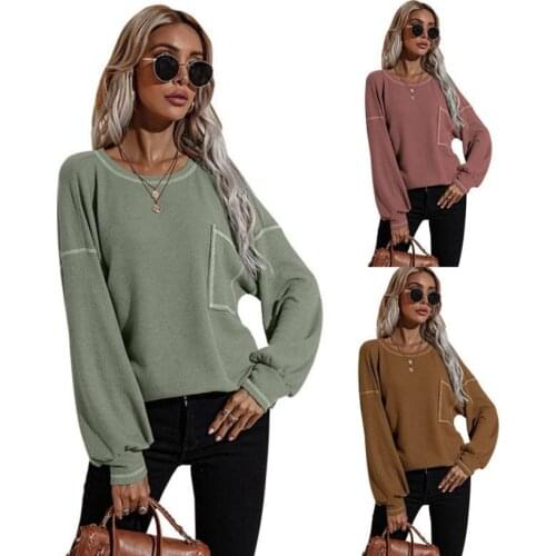 Euramerican foreign trade new autumn winter round collar pocket T shirt loose long sleeve hoodie woman