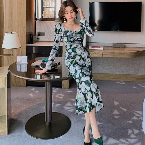 2021 autumn new European and American womens retro print slim slim fishtail dress with hips MH921