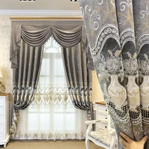 Gray New Chenille Embroidered Curtains for Living Room Bedroom European Style High-end Blackout Curtain Tulle Valance Decoration