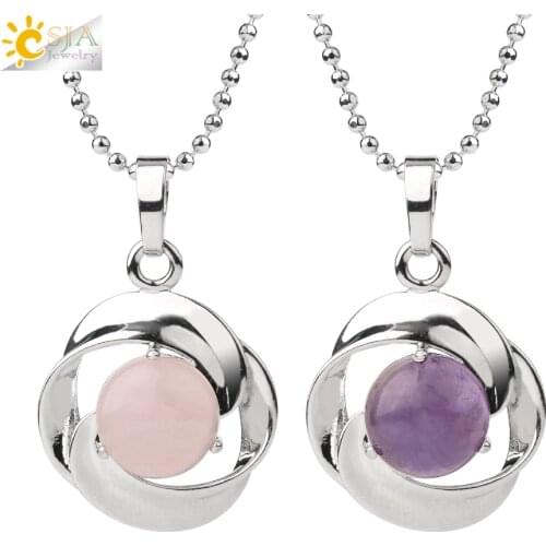 CSJA Natural Stone Pendant Necklace Silver Color Rose Flower Tiny Pendants Cabochon Reiki Crystal Women Charm Jewelry Gifts G502