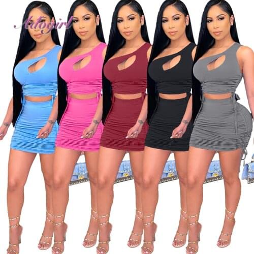 Casual Summer Skirt Suit Two Piece Set Solid One Shoulder Hollot Out Hollow Out Crop Tops T-Shirt Mini Skirt Outfit Tracksuit