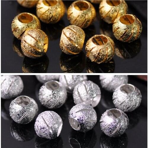 Gold Plated Color Round 8mm 10mm Hollow Matte Metal Brass Loose Spacer Big Hole Beads Lot For Jewelry Making DIY Crafts