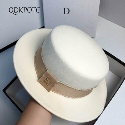 2020 Hat Autumn Winter New Men Women High Quality Wool Fedoras Flat Top Wide Eaves Cap Fashion Simplicity Jazz Hat QDKPOTC