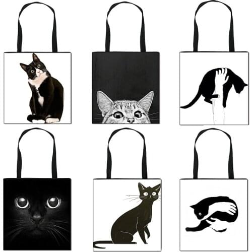 Cute Cartoon Black Cat Print Tote Bags Ladies Handbag Women Shoulder Bag Portable Folding Travel Storage Bag