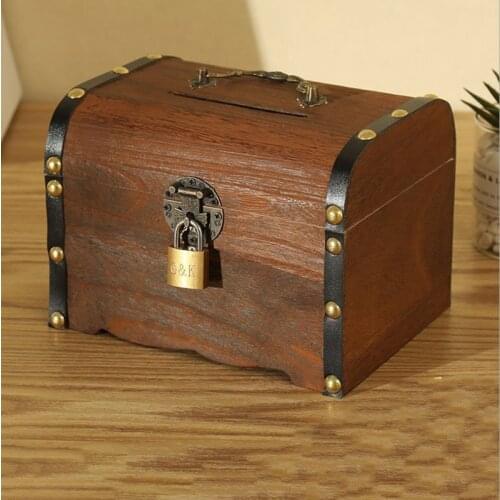 Vintage piggy bank wooden hand-made lockable childrens coin box large-capacity paper money and coins Safe money saving box