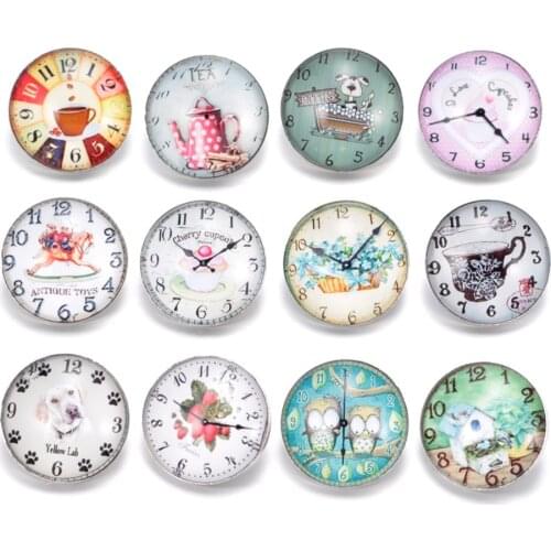 12pcs/lot Vintage Clock Pattern Charms 18mm Glass Snap Button For DIY Bracelet Snaps Jewelry KZ0317