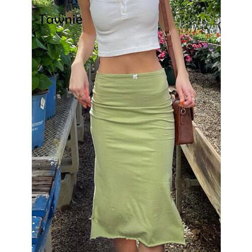 Gitana Bow High Waist Midi Skirts Y2K 2021 Outfits Streetwear Sexy Bodycon Slit Green Summer Skirts Women Party Holiday Clothing