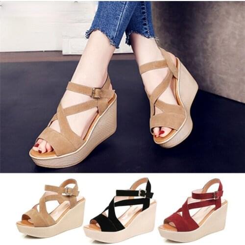 2021 Women Ladies Women Fish Mouth Non-slip Platform Slope High Heels Sandals Buckle Strap Sandals Outdoor Style for Women