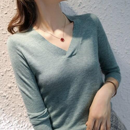 2020 Autumn and Winter New Slim Sweater Womens Long-sleeved V-neck Top Pullover Bottoming Shirt V-Neck Regular