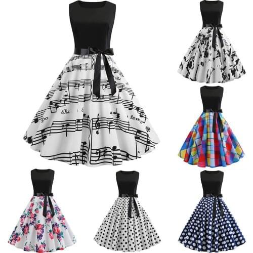 Vestidos Women Summer Vintage Dress Clothing Musical Note Floral Robe Retro Swing Casual 50s 60s Rockabilly Dresses Party #T1G