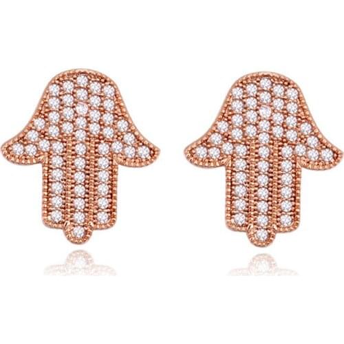 11.11 New Arrival Micro Paved Jewelery Rose Gold Color Plated Hamsa Fatima Earrings for Islam HAND OF GOD Best Gift for Women