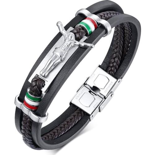 2021 Trendy Domineering Stainless Steel Leather Bracelet Titanium Steel Jesus Cross Accessory Leather Personalized Bracelet