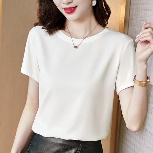 2021 Korean plus size silk chiffon O-neck satin short-sleeved stretch T-shirt