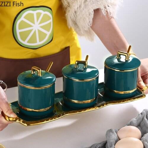 3Pcs/Set Ceramic Jar Salt Pepper Chili Cans with Spoon Tray Spices Storage Canister Gold-plated Porcelain Jars Kitchenware