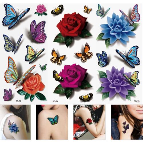 6 Sheets Womens 3D Colorful Waterproof Body Lip Art Sleeve DIY Stickers Glitter Temporary Tattoos Mini Rose Flower Butterfly