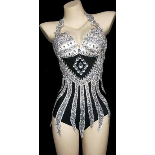 Sparkly Silver Crystals Bodysuit Sexy Skinny Leotard Tassel Gloves Female Bar Dance Stage Party Dance Costume Celebrate Dress