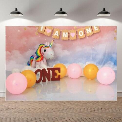 Unicorn Balloons Newborn Baby One Birthday Backdrop Kids First Birthday Girl Shower Party Backgrounds For Photocall