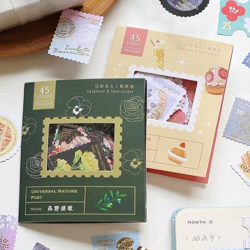 Journamm 45pcs Bronzing Stamp Style Stickers Scrapbooking Junk Journal Creative Diary DIY Stationary Decoration Material Sticker