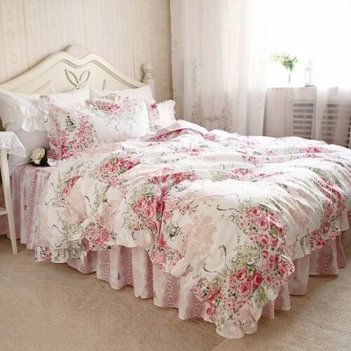 Garden princess bedding set elegant flower print bedding ruffle duvet cover quality bed skirt lace decorative beddings bed sheet