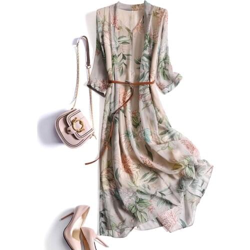 Fashion 100% Silk Woman Dress Summer 2021 Floral Maxi Dress Female Elegant Dresses for Women Casual Vestido De Mujer Pph4783