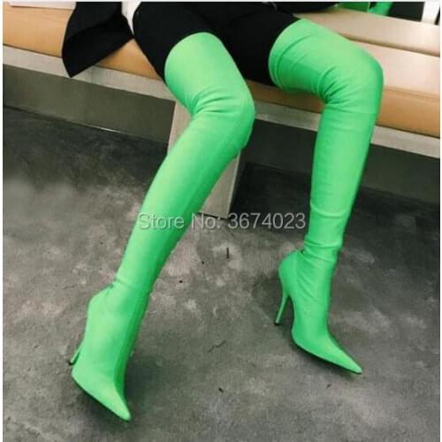 Qianruiti Runway Fashion Thigh High Boots Slim Pointed Toe High Heels Women Over the Knee Boots Slip-on Elastic Sock Long Botas