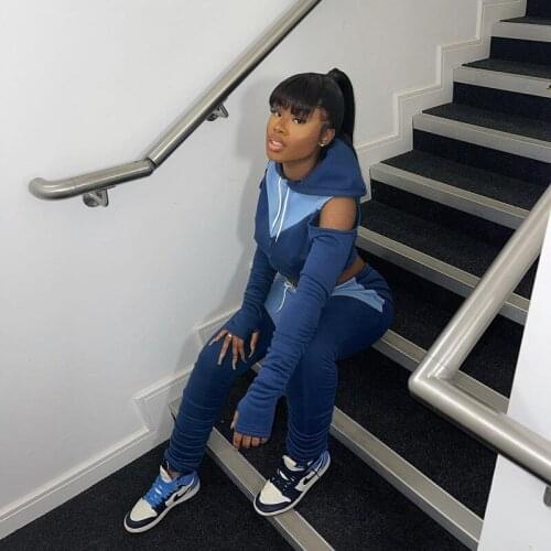 2021 Autumn New Womens Solid Color Sexy Off-The-Shoulder Contrast Color Patchwork Hooded Sweater Leisure Sports Suit